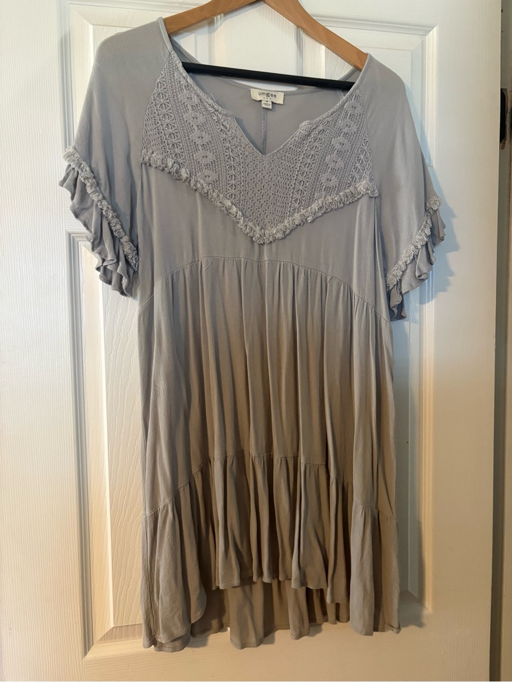 Umgee Dusty Blue Crochet V-Neck Swing Dress